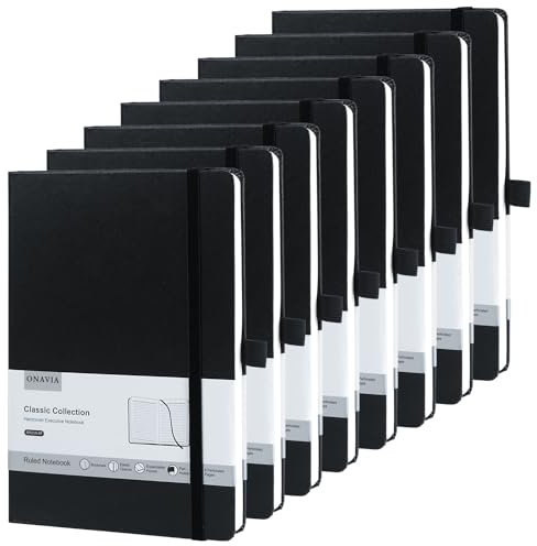 ONAVIA Lot de 8 Carnet de Notes, Carnet A5 Ligné Classique à Couverture Rigide,160 Pages, 100gsm, Carnets de Notes Avec Pochette Pliante Pour le Bureau École Maison Écriture&Notes, 21 x 14cm (Noir)