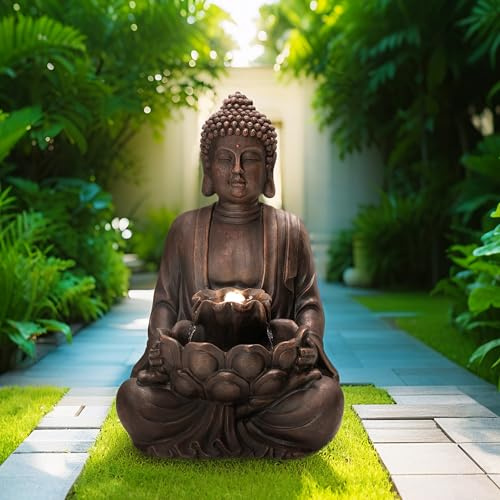 Glitzhome Outdoor Fountain 28 H, Large Zen Style Buddha Waterfall Fountains Indoor Water Fountain with Pump & LED Lights, Freestanding Water Feature Outside Garden Backyard Decor