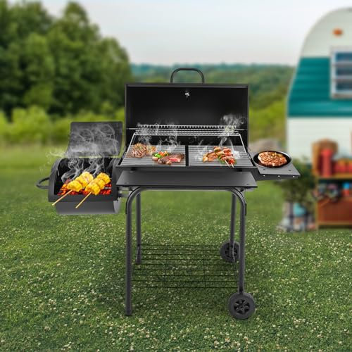 BBQ rökugn träkol grill grillspis, stående grill rökugn smoker grill, med kolgrill, termiskt nät, grillnät, 147 x 70 x 126 cm