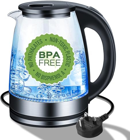 KOOSREEL Electric Kettle & Glass Water Kettle with Blue LED, 1.8 Liter, Black, Illuminating Indicator, Automatic Shut-Off, Boil-dry Protection