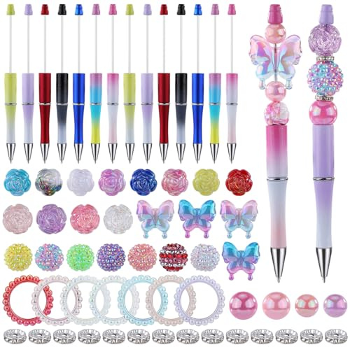WEWAYSMILE 14 Pieza Bolígrafo Cuentas Bolígrafo Plástico Con Cuentas Lindo Bolígrafo Cuentas Incluye Bolas Resina Mariposa Con Forma de Rosa Hueca Para Útiles Oficina Juego Regalo Bolígrafo
