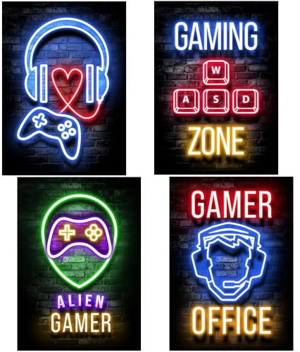 JAHEMU Poster Gamer Poster da Parete Gioco Decorazione Murale Video Game Decorazioni Camera da Gioco Decorativo Neon Giochi Adesivi da Parete Senza Cornice (21x30cm)