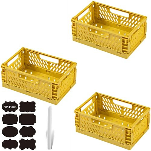 CNKHDZ 3 Pièces Caisses Pliable Plastique Jaune 30x20x12cm,Boîtes de Rangement Pliables Empilable Cagettes Plastique Pliable Paniers Rangement avec Poignée pour Cuisine Chambre à Coucher Bureau