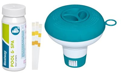 Bestway | Poolpflege Starter Set | Dosierschwimmer Mini 12,5 cm Ø inkl. 50er Teststreifen | Dosierung & Messung von freiem Chlor, pH-Wert & Gesamtalkalität | Poolwasser sauber & kristallklar