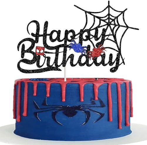 Xsstarmi 1 Pack Spider Happy Birthday Cake Topper Black Glitter Spider Web Cake Pick for Baby Shower Boys Kids Birthday Party Cake Decorations Supplies