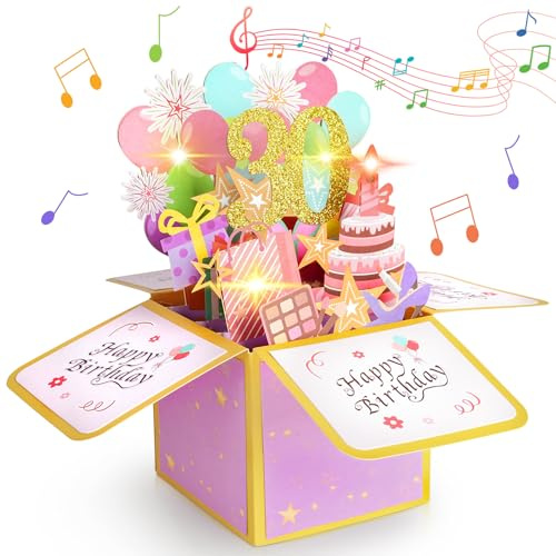 Vicloon Tarjeta de cumpleaños Pop-Up 3D, Tarjeta de cumpleaños de 30 años con sobre, Tarjeta de cumpleaños con música, luces LED y velas soplables, Regalo para mamá, abuela, hija, amigos