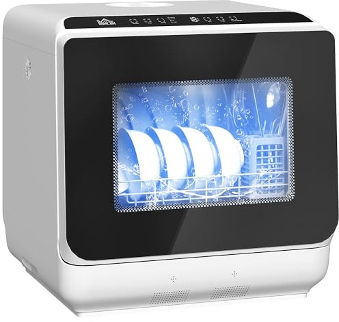 HOMCOM Mini Geschirrspüler Freistehend Tischgeschirrspüler mit 4 Maßgedecke 5 Programmen Trocken Funktion 6L Wassertank Touch Control LED Anzeige Spülmaschine mit/ohne Wasseranschluss für Camping Weiß
