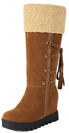 Bviennic Botas Altas Mujer Tacón Alto de Cuña con Plataforma Invierno Punta Rojoonda Sin Cordones Invierno 2592 Amarillo Talla 36.5 EU/37Cn