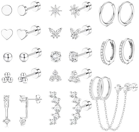 LOFITOR 13 Paires Boucles d'Oreilles Hypoallergéniques à Dos Plat en Acier Chirurgical pour Femmes - Lot de Studs et Créoles pour Piercings Multiples - Argentées et Dorées
