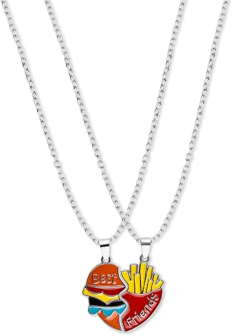 Lotsdonxia BFF Friendship Necklace, Cute Burger & Fries Pendant Jewellery for Best Friends, Girls & Boys – Red Yellow Alloy