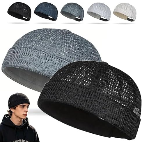 Confezione da 2 cappelli da uomo traspiranti senza tesa stile estivo in rete tang, ultra rinfrescante teschio regolabile senza tesa berretto Docker Beanie, nero, grigio scuro, Taglia unica