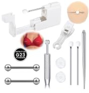 WillTen 10Pcs G23 Titanium Body Piercing Kit, Professional 13G 14G Piercing Gun Kit with Titanium Belly Bar Septum Ring Nipple Tongue Bar Lip Stud, Anti-Keloid Aftercare Set with Ball Grabber Tool