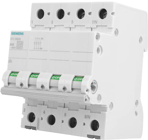 SIEMENS - Siemens 5TL16630 Ein- und Ausschalter 63A 3P+N in 4TE 400V, Griff grau