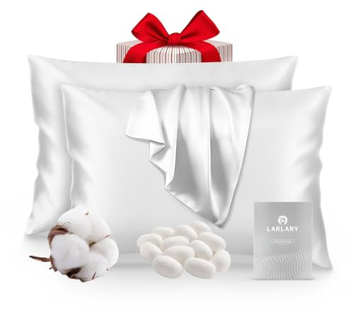Larlary Federa Seta Cuscino (50x75 cm) Federe Cuscino Letto, 90% Seta, 10% Cotone, Antiacaro e Ipoallergico, Protezione Capelli e Pelle (2, Bianco)