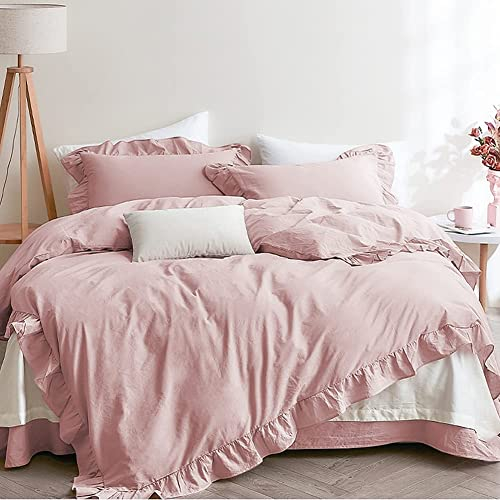 Lanqinglv Rüschen Rosa Bettwäsche 200x200 3 Teilig Mädchen Mikrofaser Bettbezug Deckenbezug mit Reißverschluss mit 2 Kopfkissenbezüge 80x80