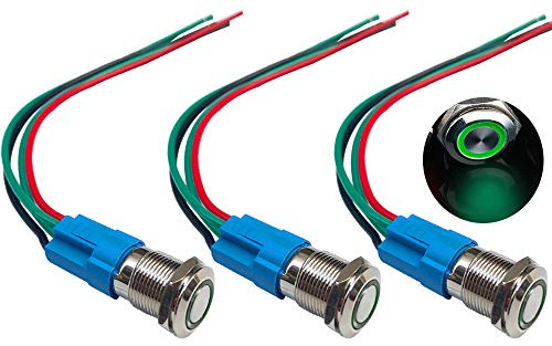 QitinDasen 3Pcs Premium 12V / 24V 3A Interruttore a Pulsante Momentaneo, 12mm Interruttore a Pulsante in Metallo con LED Verde, Interruttore Avviamento Auto in Acciaio Inossidabile impermeabile