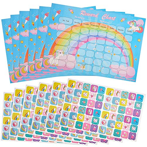 Outus 12 Pcs Reward Chart with Stickers Rainbow Unicorn Stickers 6 Sheets/ 360 Potty Training Reward Charts for Children Behaviour Training Reusable for Teacher Classroom School Home Girls
