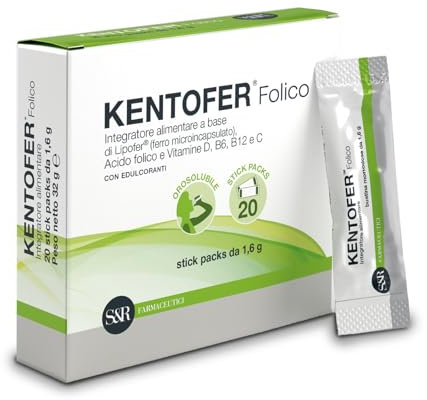 S&R Farmaceutici | KENTOFER Folico - Integratore alimentare a base di Ferro microincapsulato, Magnesio, Acido folico biologicamente attivo e Vitamine. Utile in gravidanza, 20 stick packs da 2,5 g