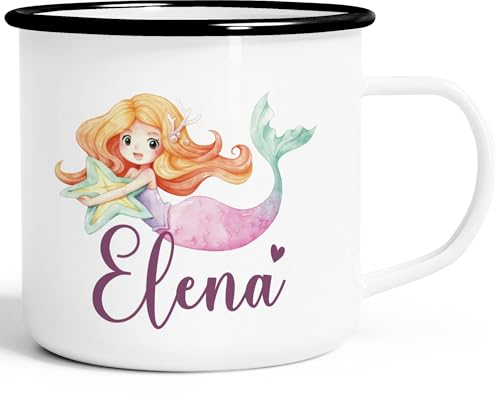 SpecialMe® Emailletasse Meerjungfrau Prinzessin Kinder Motiv personalisiert Becher Emaille personalisierte Geschenke weiß-schwarz Emailletasse