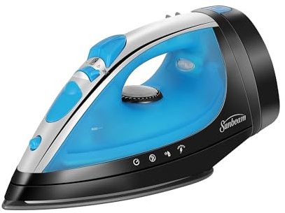 Sunbeam Steammaster Steam Iron, 1400 Watt, Large Anti-Drip Stainless Steel Nonstick Soleplate with 8' Retractable Cord, Horizontal or Vertical Shot of Steam and 3-Way Auto Shut-Off, Black/Blue