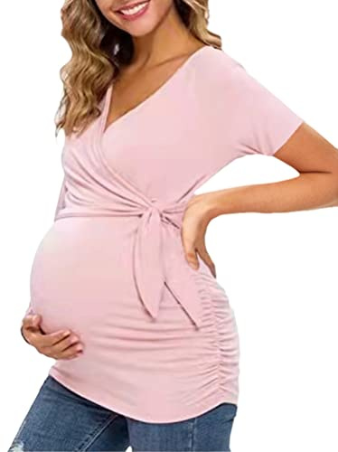 Tomwell Camiseta de Maternidad Manga Corta Floral Embarazada Raya Impreso Embarazo Moda Suelta Blusa Verano E Rosa XL