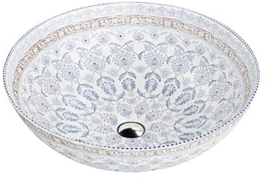 LAVITA Aufsatzwaschtisch Folklor Aufsatzwaschbecken Rund Waschbecken Ohne Überlauf und Hahnloch Aus hochwertigem Porzellan Waschtisch modernes Badkeramik Waschplatz 40x40x13,5 Weiß/Blau