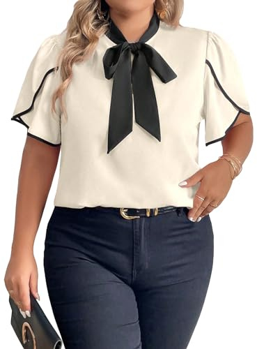 BEAUDRM Women's Plus Size Work Office Blouse Bow Tie Neck Petal Sleeve Blouse Business Casual Blouse Shirts Top Apricot