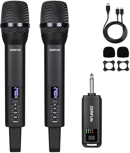 ZERFUN Rechargeable Wireless Microphones Dual, Pro Handheld Cordless Mics System Dynamic with Echo Treble BASS VOL Control for Karaoke Singing Church Party, 1/4'' Output, D240, Black