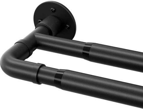 Starbover Industrielle Gardinenstange, 2 läufig Gardinenstange Schwarz, 74-200cm, Vorhangstange Ausziehbar Metall, Gardienenstangenset Wandmontage mit Halterungen und Endstücken für Wohnzimmer