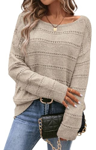 CFLHN Maglione da Donna con Collo Barchetta Morbido, Maniche Lunghe, Maglione Oversize a Maglia a Crochet, Albicocca chiara., L