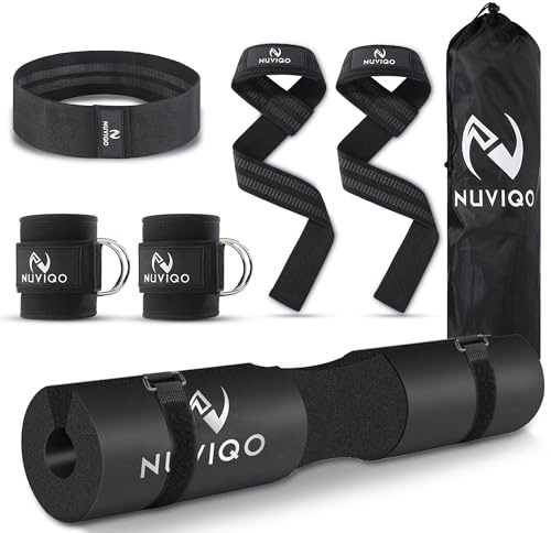 NUVIQO 9 Pcs Gym Accessories Set Featuring Barbell Pad with 2 Safety Straps - 2 Ankle Straps for Cable Machine - 2 Weight Lifting Straps - Hip Resistance Band - Carry Bag for Hip Thrust Pad