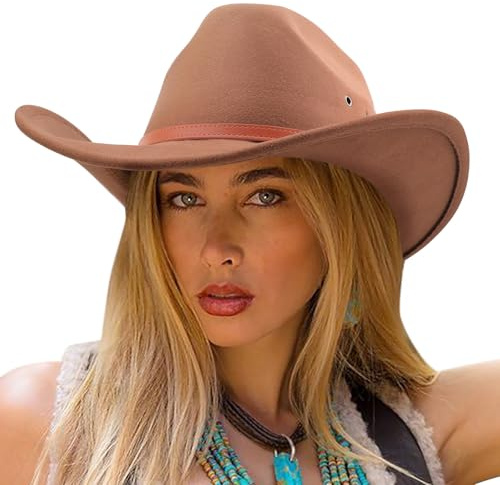 DRESHOW Sombrero de Vaquero para Mujers y Hombres Sombrero de Vaquera Western Clásico con Cinturón de Hebilla Sombrero de Enrollado de ala Ancha Grande Fedora para Unisex