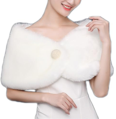 Stola Damen Weiß Brautstola Kunstfell Abendstola mit Perlen Brautschal Elegant Festlich Abendkleid Braut Bolero Flauschig Brautschal Winter Herbst Brautjacke Warm Schal Stola für Hochzeit Party