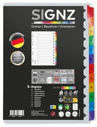 SIGNZ Register DIN A4, 12 - teilig, 5 Stück, extra starke Trennblätter, CO2-neutral hergestellt, made in Germany