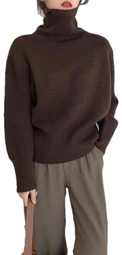 Pull-over en cachemire à col roulé pour femme, tricot décontracté basique, manches longues, coupe ample, haut, marron, L