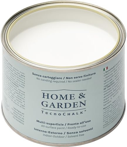TecnoChalk® Home & Garden Nuova Chalk Paint Extra Forte - Non Richiede Finitura – Ricolora Senza Carteggiare Casa e Giardino - Vernice tutto-in-uno - Senza Solventi - Colore Bianco Gesso (500 ml)