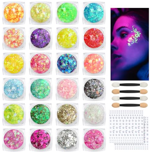 BUTBU Body Glitter Gel, 24 Colours Face Glitter, Mermaid Sequins Hair Glitter, Chunky Glitters Sparkling Gel for Face, Eye, Body, Hair, Festival Party Makeup Decoration (Style A)