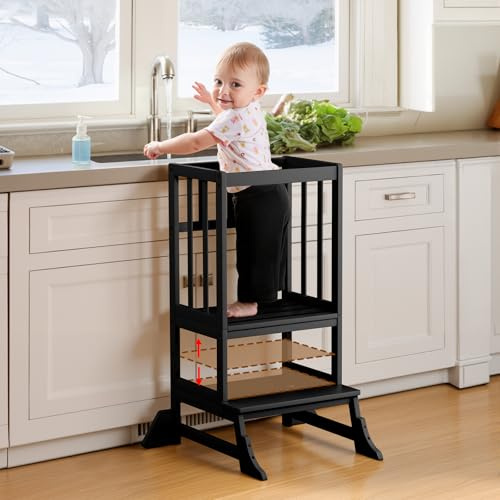 COSYLAND Height-Adjustable Toddler Standing Tower – Stable Kitchen Standing Stool with Reinforced Base – Lightweight Portable Standing Helper for Kitchen and Home Use (Black)