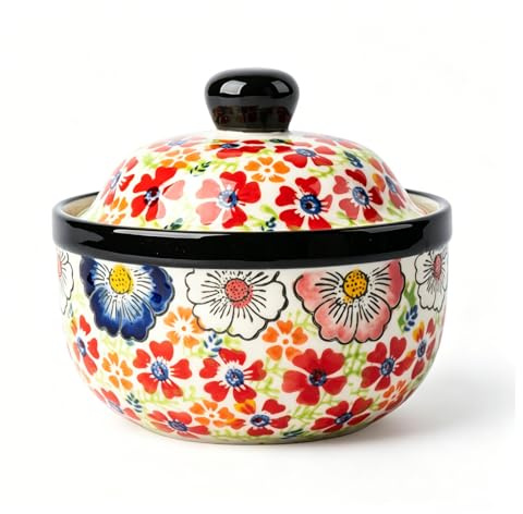 LUPATDY Mini cocotte con coperchio, 330 ml, in ceramica dipinta a mano, ciotole multiuso per zuppa, dessert, uova, crème brûlée, soufflé, pirofila piccola, adatta al microonde e al forno (fiore rosso)