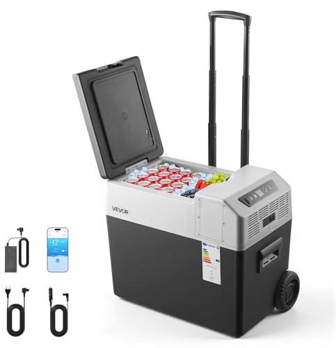 VEVOR Glacière Électrique Voiture et Maison, Réfrigérateur Portable 40 L 12 V/24 V CC et 100-240 V CA, pour Camping Voyage, Mini Frigo à Compression -22 à 10 °C, Contrôle APP avec Roues et Poignée
