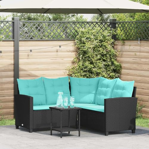 Runheo Canapé de Jardin en Poly rotin Noir et Turquoise avec Coussins modulables, Ensemble mobilier d'extérieur Comprenant Banquette Angle, Table Basse en Verre trempé