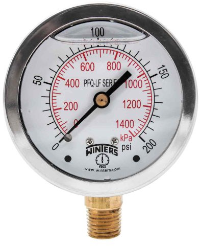 Winters Instruments PFQ806LF, PFQ-LF Series Pressure Gauge, 2.5 Dial Display, +/-1.5% Accuracy, Brass wetted parts, 1/4 NPT Bottom Mount, 0-200 psi/kpa, Glycerin Filled