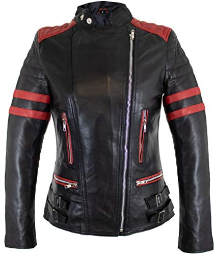 MDM Chaqueta de piel de cordero retro para mujer, negro y rojo, M
