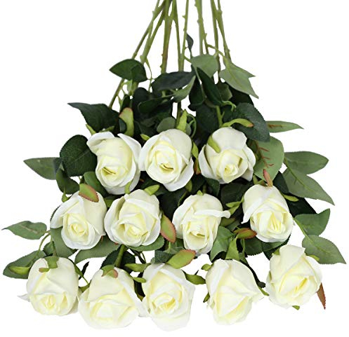 Tifuly Rosen Künstliche Blumen 12 Pcs Seide Künstliche Rose Blumen Gefälschte Blumen für Brautstrauss Haus Hochzeits Party Deko DIY(Weiß)