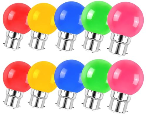 Jiotouhu Set med 10 B22 2W LED-lampor, färgglad energisparlampa, jullampa, röd, gul, blå, grön, rosa ljusslinga, (motsvarande 20 W)