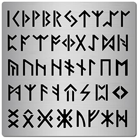 GORGECRAFT Pochoir Runes en Métal 16×16cm Chiffre Lettre Pochoirs Acier Inoxydable Ancien Numéro Artistiques Symboles Pochoirs Réutilisables pour Peinture, Pyrogravure sur Bois, Scrapbooking