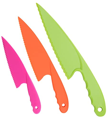 Cheeroyal Set di coltelli da cucina in plastica da 3 pezzi, coltelli da cucina in nylon colorati sicuri per bambini, per insalate di lattuga, torte o frutta (mix)