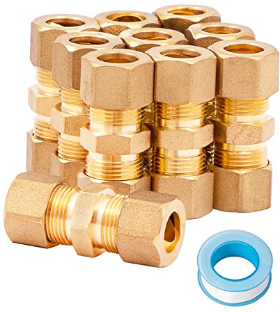 SUNGATOR 10PCS 3/8 x 3/8 OD Brass Compression Tube Pipe Fitting, 3/8 Inch Compression Union, Straight Coupling Adapter with An Extra Sealing Tape