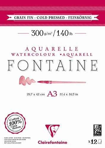 Clairefontaine 975950C - Bloc Encollé 2 Côtés Fontaine - 12 Feuilles Papier Aquarelle Blanc 100% Coton Grain Fin Qualité Professionnelle A3 29,7x42 cm 300g
