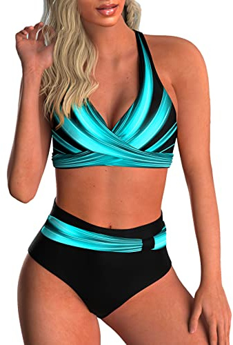 DURINM Costumi da Bagno Donna a Vita Alta Due Pezzi Bikini Set Imbottito Push-up Twist Pantaloncini da Bagno a Vita Alta con Bretelle Regolabili Set Bikini da Spiaggia